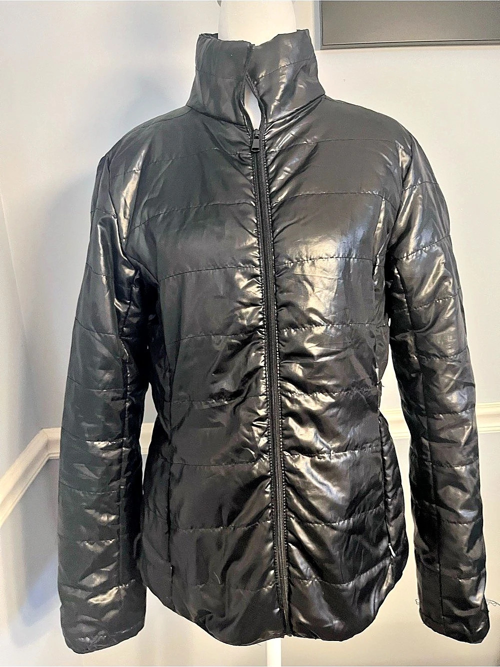 Black shiny puffer minimalist outerwear